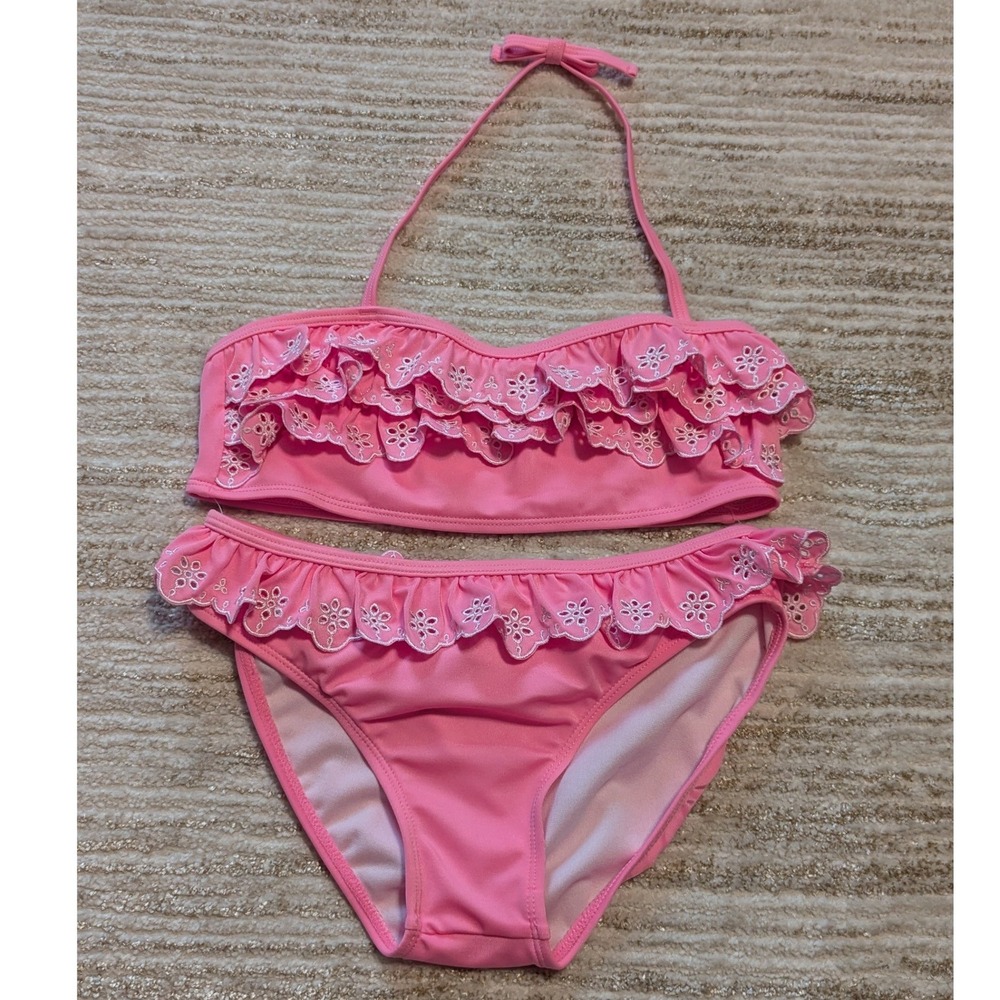 Gymboree Swimsuit Girls Size L 10-12 Pink Eyelet Ruffle Two Piece Bikini Beach
